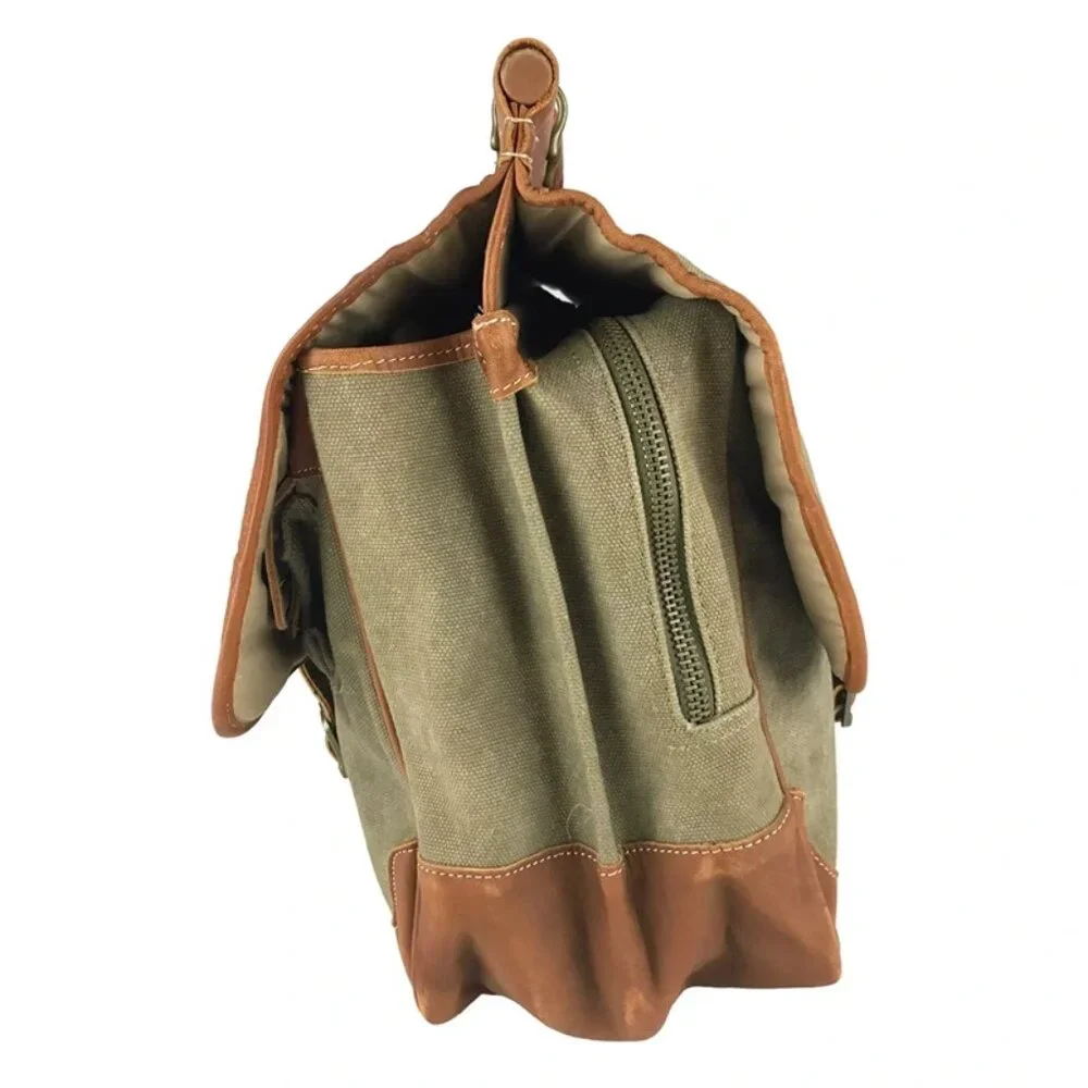 Unisex Adults Beige Brown Canvas Inner Zip‎ Pockets Top Handle Messenger Bag